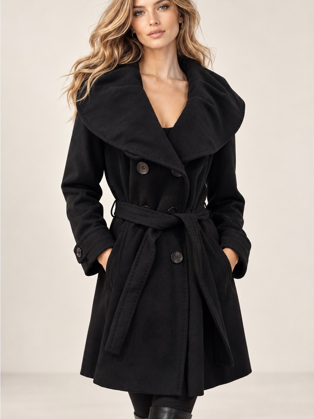 Ellen Tracy Black Shawl-Collar Belted Trench Coat